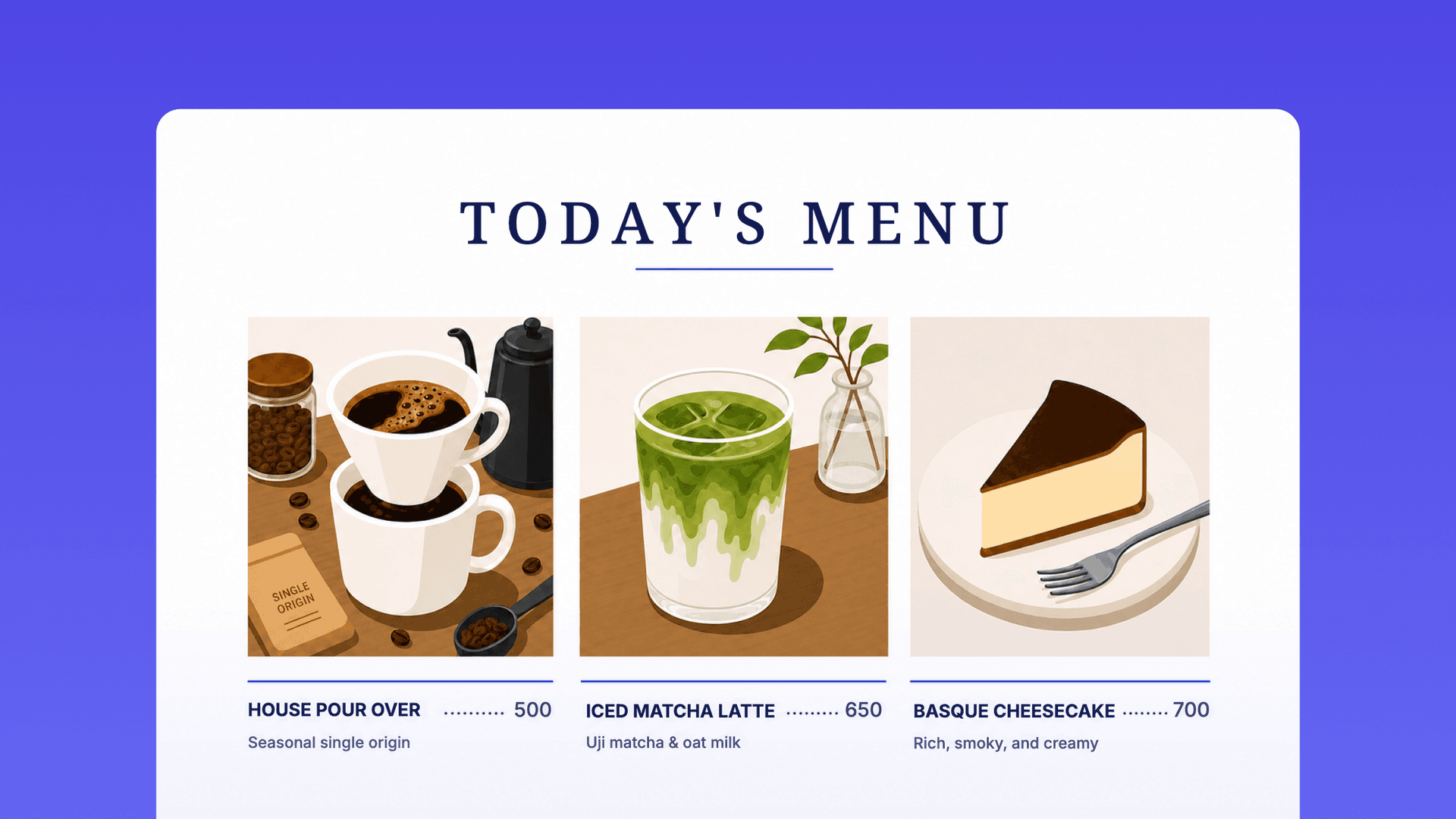 コーヒーや紅茶の価格を掲載したカフェメニュー表